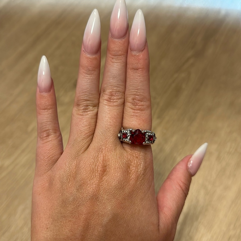Red heart silver ring